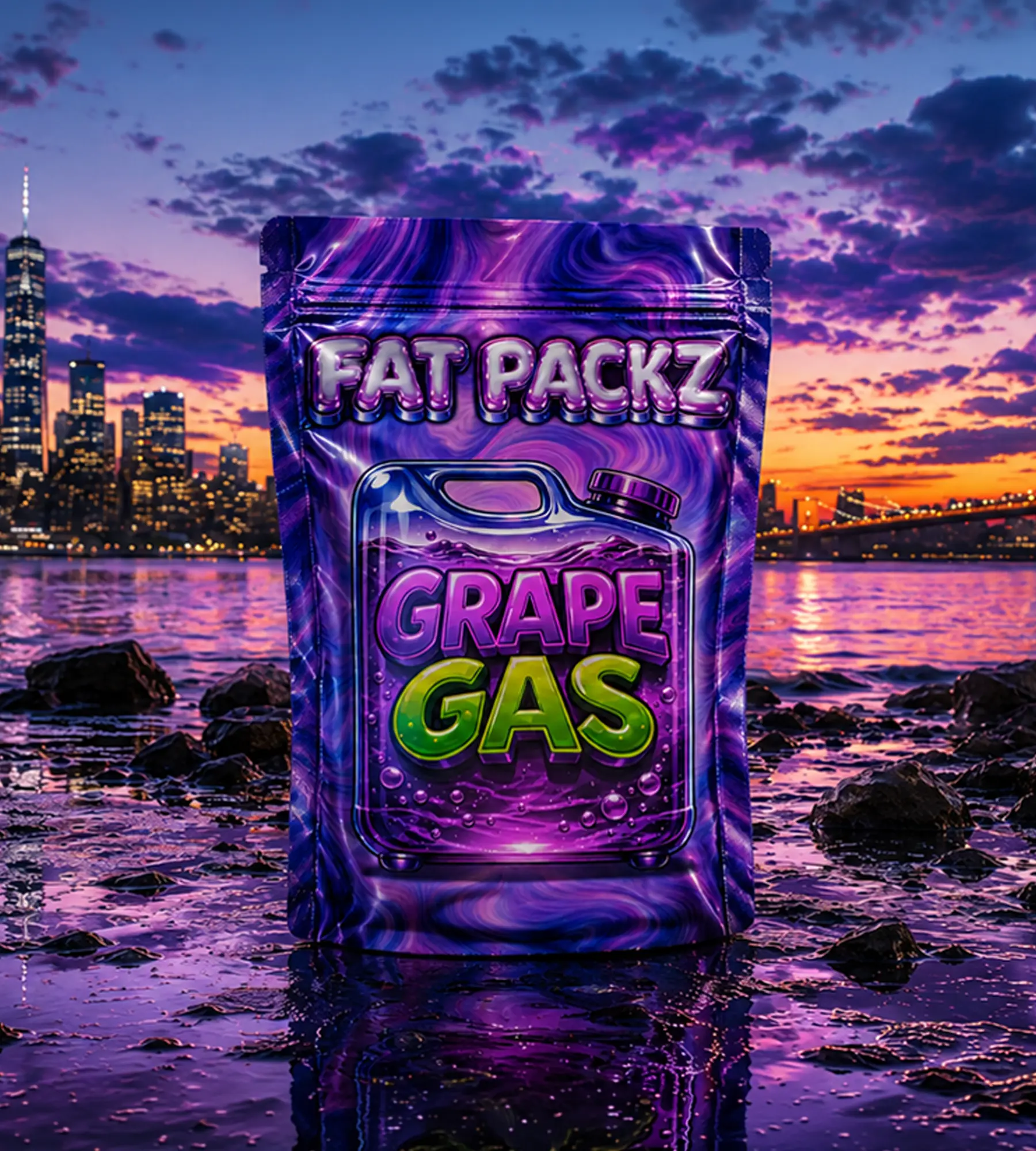 Fat Packs Grape Gas flower package against a purple city sunset