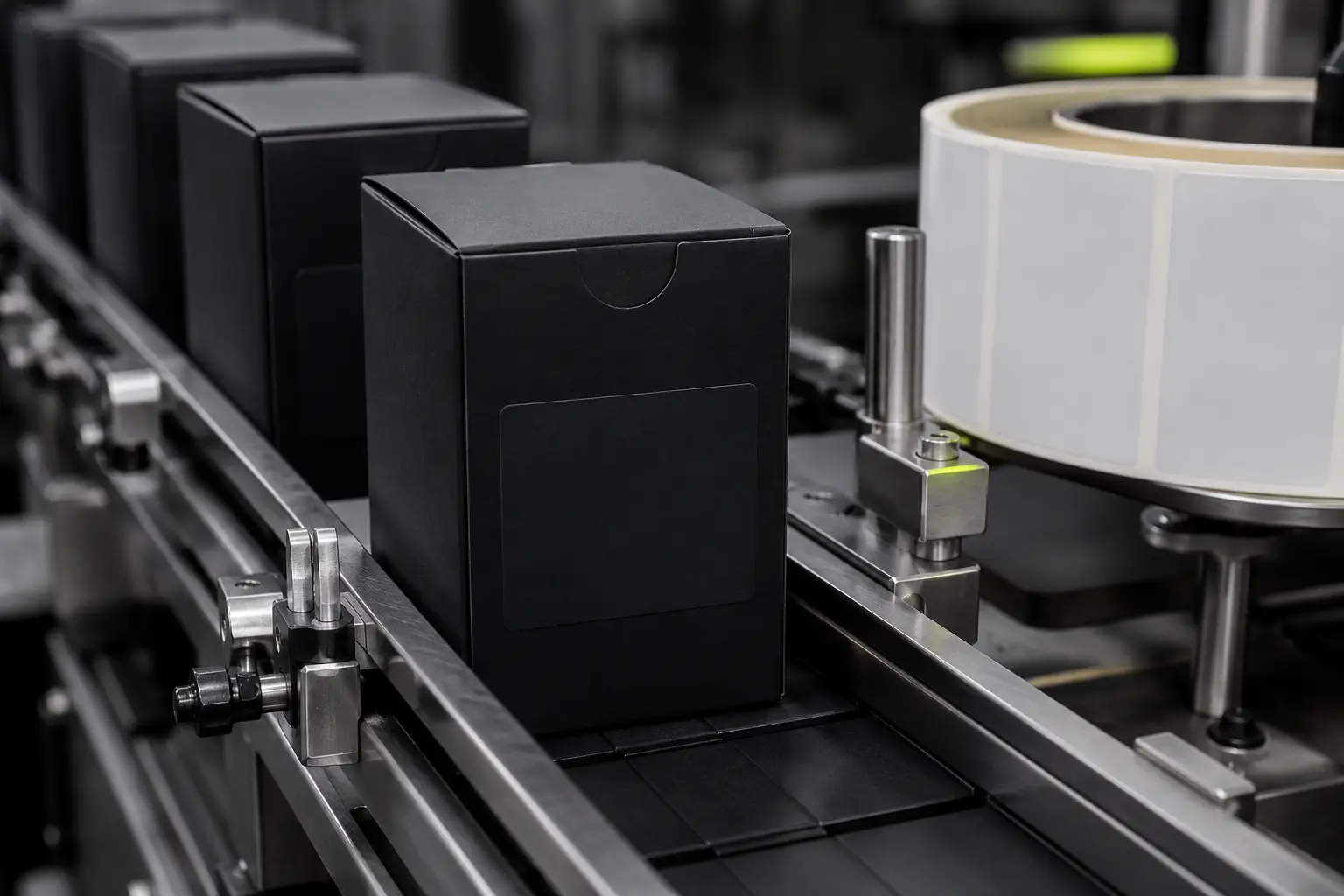 Conceptual close-up of an unbranded packaging line