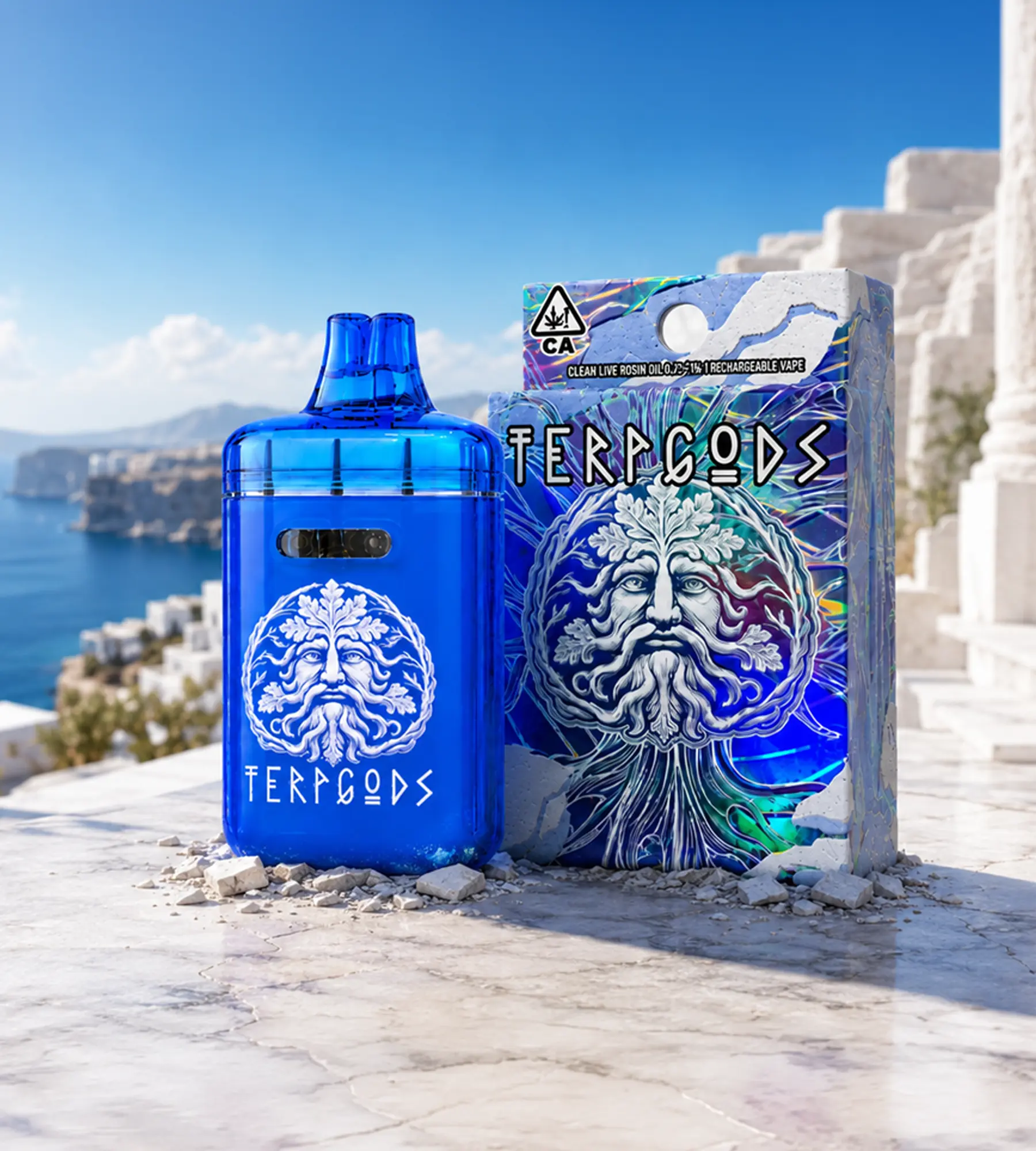 Terp Gods dual-chamber rosin vape and retail package in a coastal setting